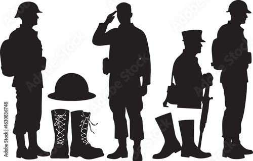 Honoring service: Soldier silhouettes with military gear and boots