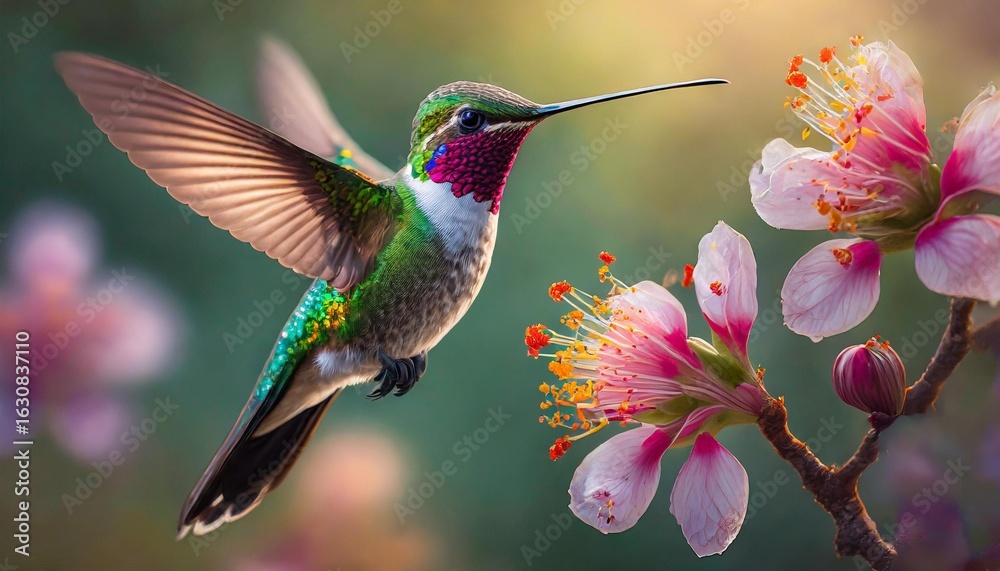 Naklejka premium Hummingbird and blossoms