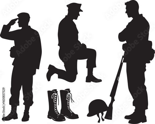 Soldiers salute, kneel, stand armed with rifle and helmet