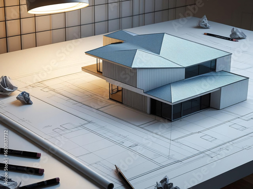 Detailed architectural plan unfolds on a drafting table, displaying blueprints and a model of a modern house under warm lighting, showcasing sharp angles and contemporary design