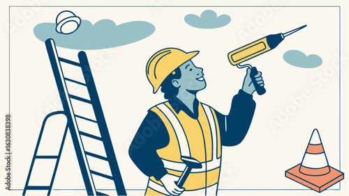 Construction Worker Applying Sealant on a Building.