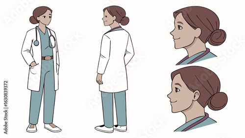 Female Doctor Character Design with Multiple Views.