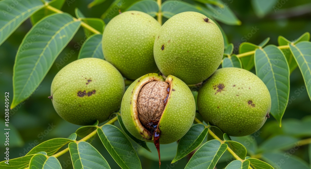 Obraz premium A close-up of ripening walnuts in their green husks on a tree, with one split open to reveal the nut. 