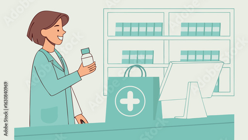 Pharmacist Holding Medicine and Shopping Bag.