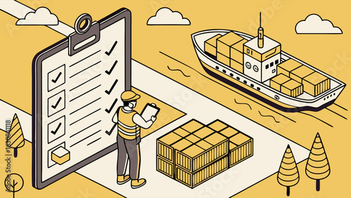 Port Worker Checking Cargo Manifest Before Ship Departure.