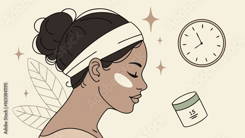Relaxed Woman with Skincare Routine and Time Management.