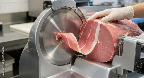 Close-up of a butcher's gloved hand slicing prosciutto on a commercial meat slicer in a professional kitchen.

