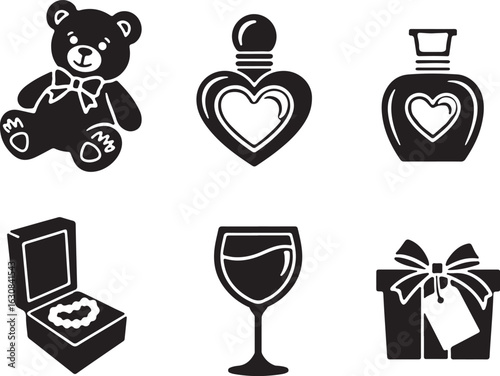 Gifts of love and celebration icons: bear, perfume, jewelry, wine, present