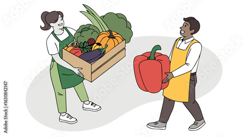 Two Grocery Store Workers Exchanging Produce.