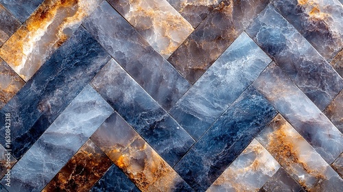 Exquisite Herringbone Pattern of Polished Blue, Grey, and Golden Veined Marble Tiles