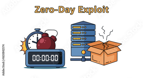 Illustration showing a server next to a timer with boxing gloves and a broken box concept of zero day exploit