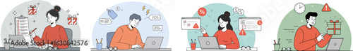 Multi-panel illustration of professionals working at desks with laptops and office essentials