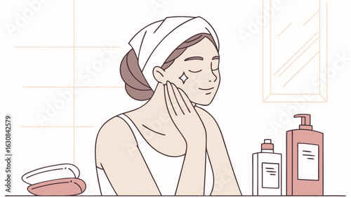 Woman Applying Facial Treatment in Bathroom.