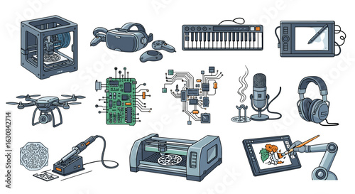 Illustration showcasing various technologies including electronics and creative tools set on white