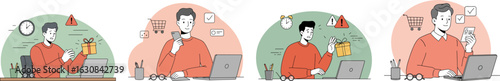Professional man in red sweater working at desk with laptop and smartphone in four cohesive scenes