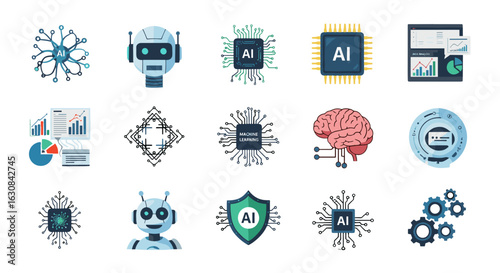 Collection of artificial intelligence and machine learning icons in various designs and representations