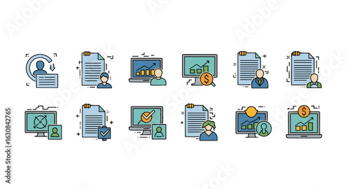 Collection of business and finance icons featuring documents computers and human figures in various scenarios