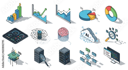 Isometric data analytics and artificial intelligence icons representing various aspects of technology