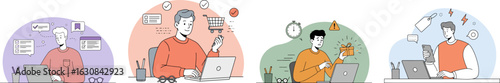 Multi-scene illustration of men engaged in productivity-focused activities with laptops, documents, and icons