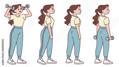 Woman Exercising with Dumbbells in Different Positions.