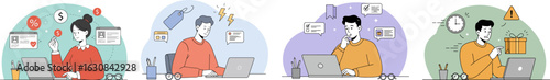 Multi-panel illustration of people engaged in digital activities with thematic icons