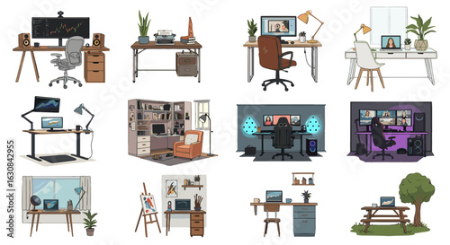 Illustration showcasing diverse home office setups with desks chairs computers and various decorative elements present