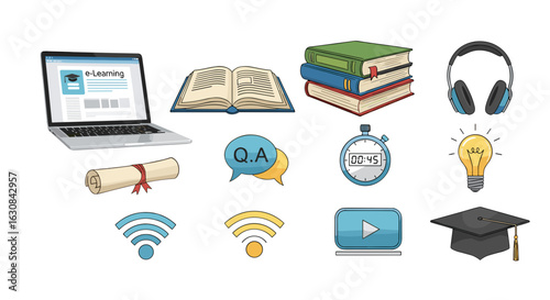 Illustration depicting e learning elements including a laptop books and graduation cap and other related icons