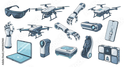 Isometric view of various futuristic technology gadgets and devices arranged in a group setting