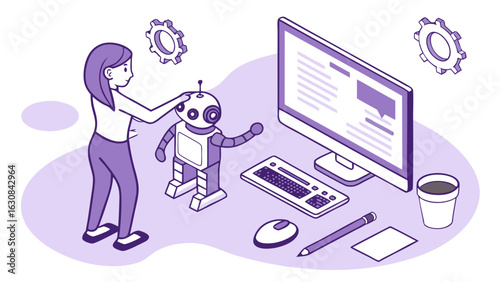 Woman Interacting with a Robot at a Computer Workstation.