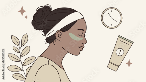 Woman with Eye Patches and Skincare Routine.