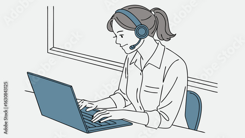 Woman with Headset Working on Laptop 1.
