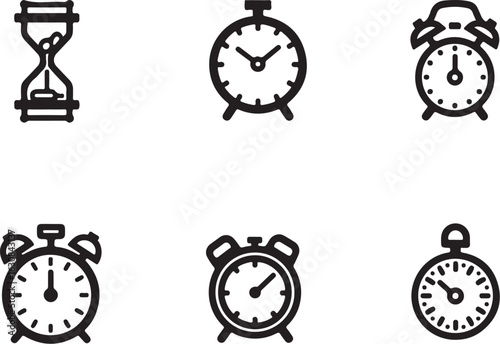 Timeless icons: hourglass, alarm clocks, stopwatch for time management