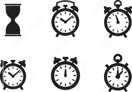 Iconic timekeeping symbols, hourglass and alarm clocks