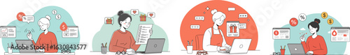 Multi-scene illustration of four women working on laptops in circular frames with red sweaters and office items