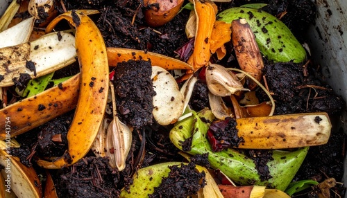Close Up of Food Waste for Compost Featuring Banana Peels and Coffee Grounds