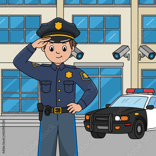 Cartoon Police Officer Saluting at Station