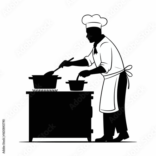 Chef Cooking in Kitchen Silhouette Illustration