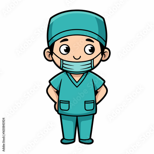 Cute cartoon doctor character in scrubs