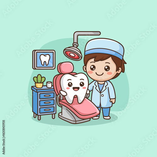 Cute Dentist and Happy Tooth in Dental Office Illustration
