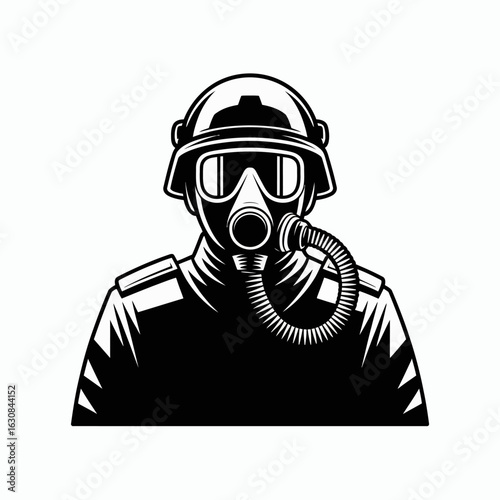 Gas Mask Soldier Illustration in Black and White