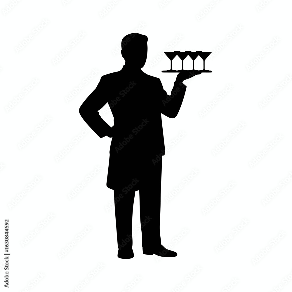 Obraz premium Silhouette of a waiter holding drinks on a tray