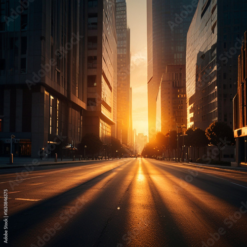 Portrait of a big city with tall buildings, sunrise in modern city street.