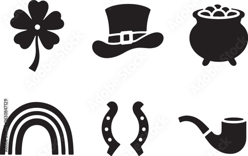 Lucky St Patricks Day icons clover rainbow pot gold horseshoe pipe