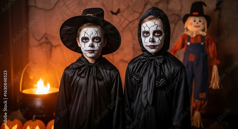Naklejka premium Two children dressed in halloween costumes with spooky makeup pose in front of a festive backdrop