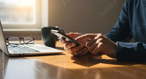 Man checking news updates on his phone while working from home near laptop and coffee, bathed in warm sunlight through the window for a cozy morning