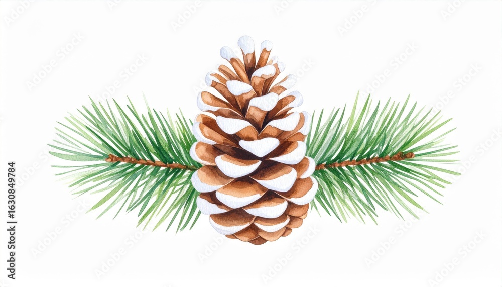 Fototapeta premium Snow Covered Pinecone with Green Pine Branches Christmas Holiday Decoration on White