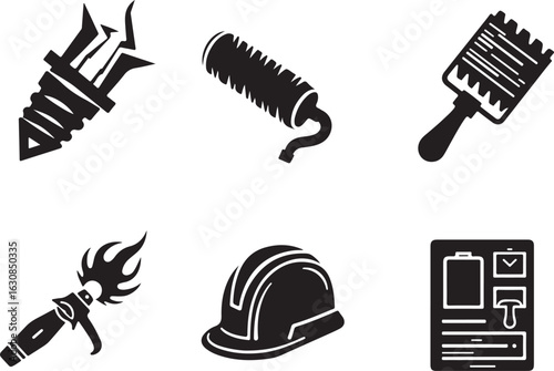 Essential construction tools and safety gear icons collection