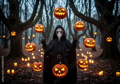A mysterious figure in a plague doctor mask surrounded by glowing pumpkins in a dark forest creating a spooky halloween atmosphere