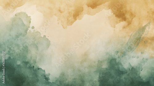 Abstract watercolor wash in muted greens and golds