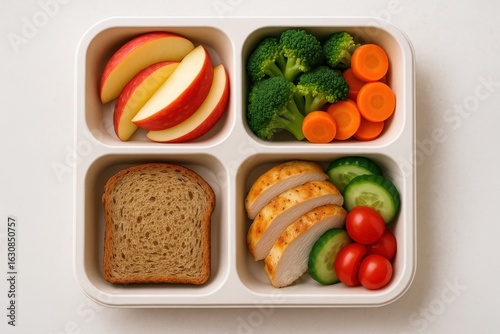 Fototapeta Naklejka Na Ścianę i Meble -  Nutritious school lunch components arranged in colorful compartmentalized trays with fresh fruits and whole grains